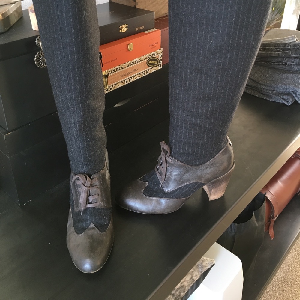 Dries Van Noten tall pinstripe boots, wool/leather